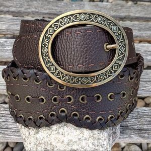 Brighton Wide Brown Leather Belt Brass Hardware 34